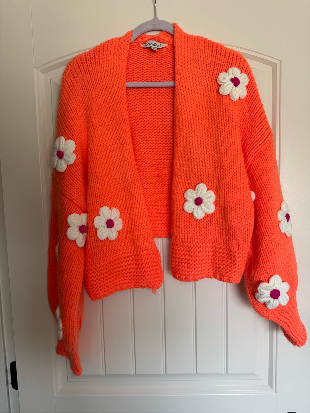DAVI & DANI Bright Orange Floral Appliqué Knit Cardigan